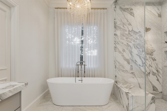 bathroom with a chandelier, ornamental molding, vanity, and independent shower and bath