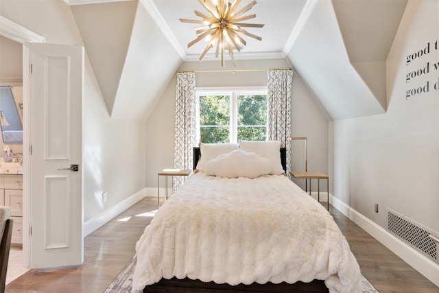 bedroom featuring crown molding, ceiling fan with notable chandelier, wood-type flooring, and lofted ceiling