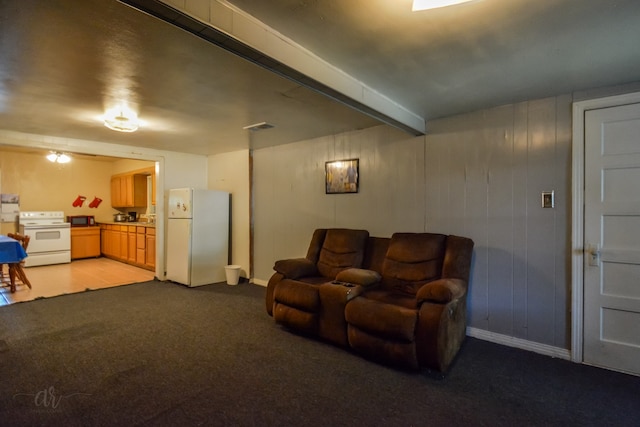 living room featuring light carpet