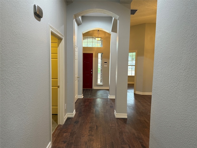 entrance foyer with dark hardwood / wood-style floors, a textured ceiling, and vaulted ceiling