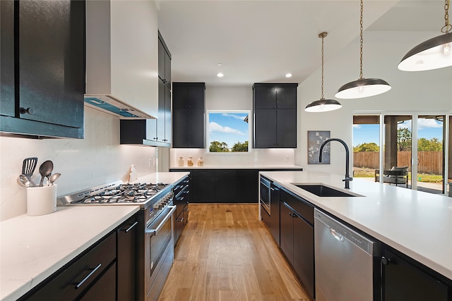 kitchen featuring pendant lighting, stainless steel appliances, a wealth of natural light, and sink