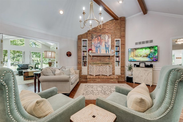 living room with lofted ceiling with beams, hardwood / wood-style floors, a chandelier, a fireplace, and ornamental molding