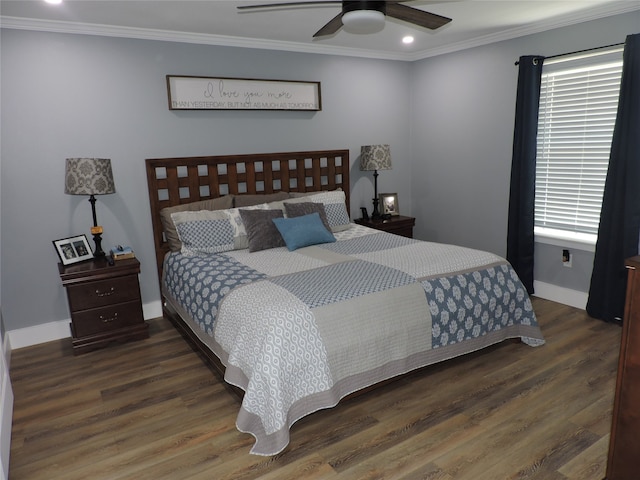 bedroom with dark wood-type flooring, crown molding, and ceiling fan