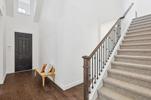 entryway with dark hardwood / wood-style floors and a high ceiling