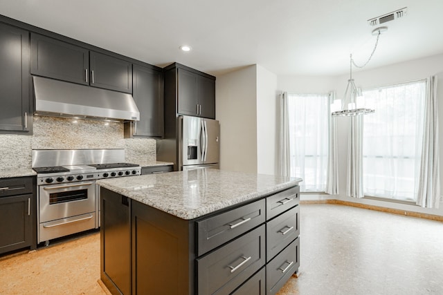 300 Turtle Ct, Mckinney, TX 75072 - kitchen with decorative backsplash, visible vents, appliances with stainless steel finishes, light stone counters, and under cabinet range hood