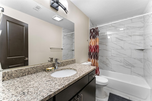 full bathroom with vanity, toilet, a textured ceiling, and shower / tub combo with curtain