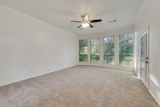 1005 Barre Meadow Ln, Mckinney, TX 75071 - carpeted spare room featuring french doors, a ceiling fan, visible vents, baseboards, and ornamental molding