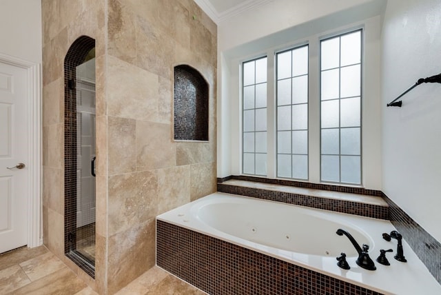 1005 Barre Meadow Ln, Mckinney, TX 75071 - full bath with a shower stall, a tub with jets, tile walls, and crown molding