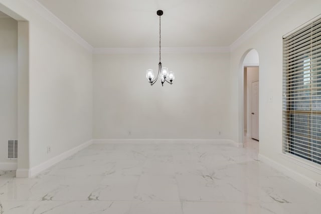 1005 Barre Meadow Ln, Mckinney, TX 75071 - unfurnished room featuring crown molding, visible vents, baseboards, and arched walkways
