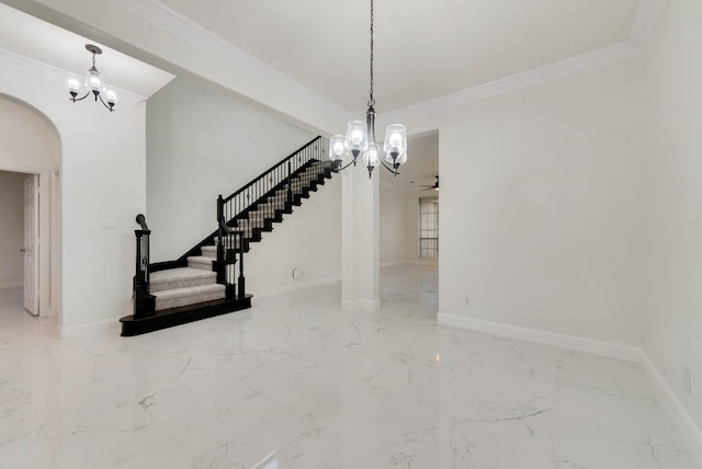 1005 Barre Meadow Ln, Mckinney, TX 75071 - interior space featuring stairway, an inviting chandelier, crown molding, and arched walkways