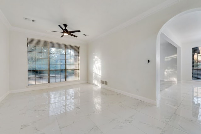 1005 Barre Meadow Ln, Mckinney, TX 75071 - empty room featuring ceiling fan, visible vents, marble finish floor, and arched walkways