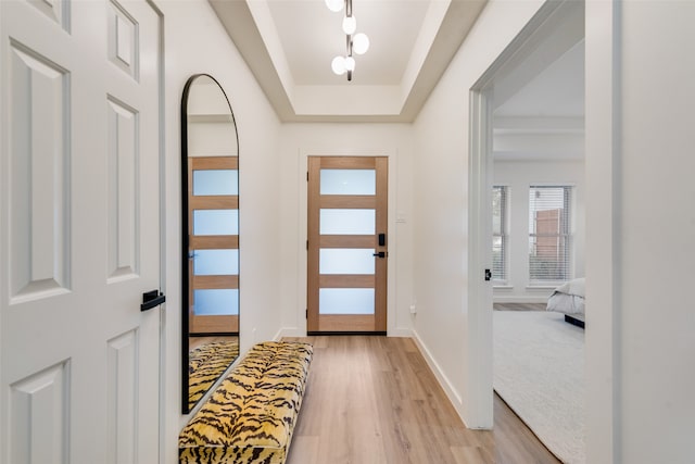 foyer with light hardwood / wood-style flooring and a tray ceiling