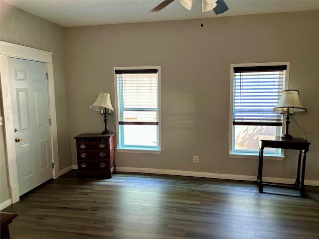 interior space featuring dark wood-type flooring, multiple windows, and ceiling fan