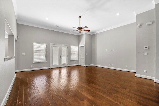 interior space with crown molding, dark hardwood / wood-style floors, and ceiling fan