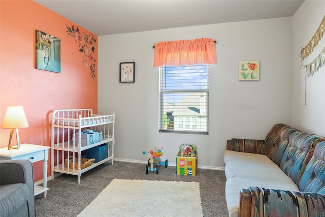 bedroom with dark carpet