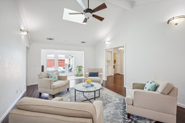 living room with high vaulted ceiling, ceiling fan, dark hardwood / wood-style flooring, and beamed ceiling