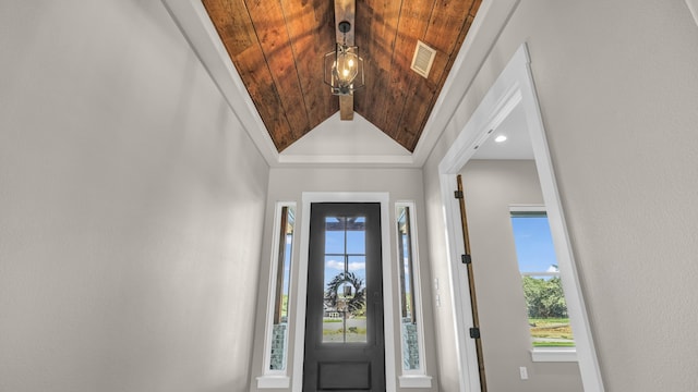 foyer entrance with lofted ceiling and wood ceiling