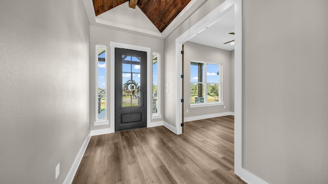 entryway featuring wood-type flooring, lofted ceiling, and ceiling fan