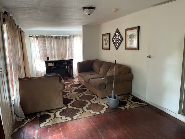 living room with a textured ceiling and dark hardwood / wood-style floors