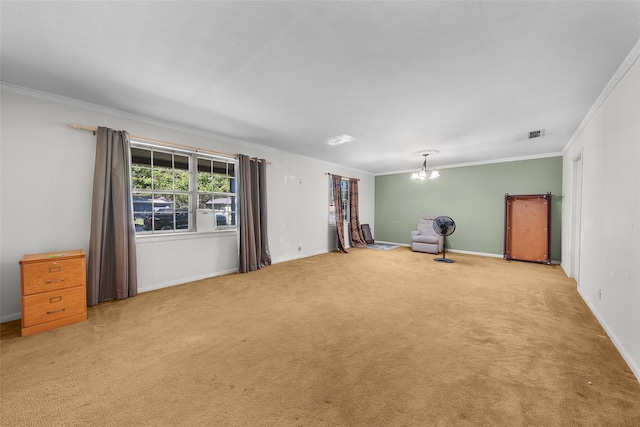 unfurnished room featuring crown molding, light carpet, and a notable chandelier