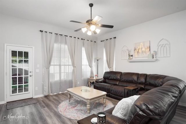 living room featuring ceiling fan and hardwood / wood-style floors