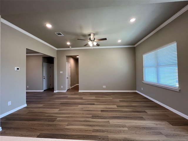 100 Levi Dr, Cleburne, TX 76031 - spare room with ornamental molding, a ceiling fan, recessed lighting, dark wood-style floors, and baseboards