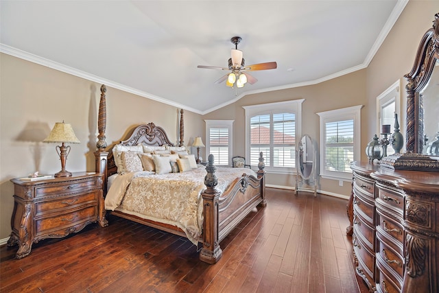 bedroom with ornamental molding, dark wood-type flooring, and ceiling fan