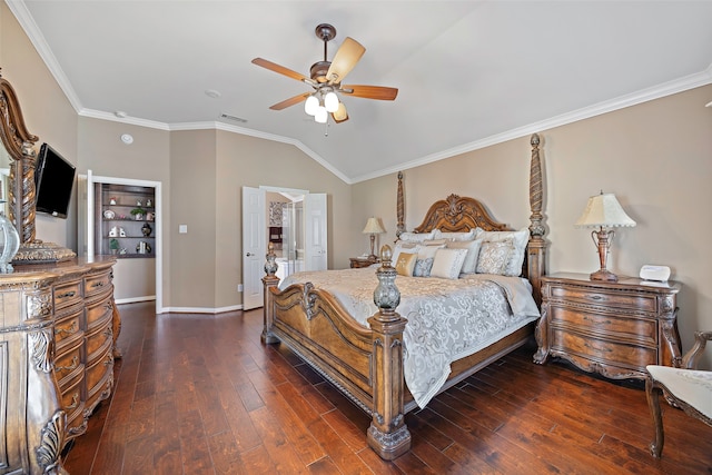 bedroom featuring ceiling fan, lofted ceiling, crown molding, and dark wood-type flooring