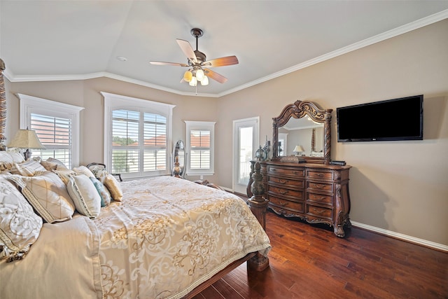 bedroom with ceiling fan, vaulted ceiling, crown molding, and dark hardwood / wood-style flooring