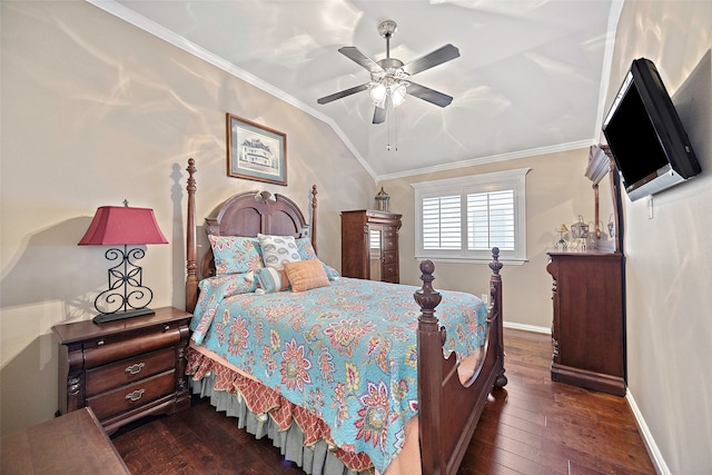 bedroom with ceiling fan, dark hardwood / wood-style floors, and ornamental molding