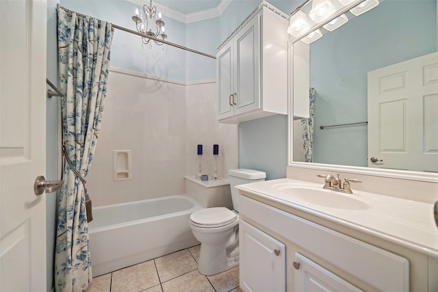 full bathroom featuring vanity, shower / bath combo, tile patterned flooring, crown molding, and toilet