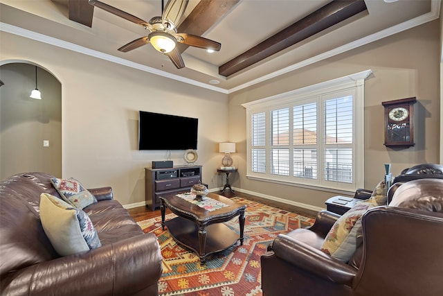 living room with crown molding, hardwood / wood-style floors, ceiling fan, and a raised ceiling