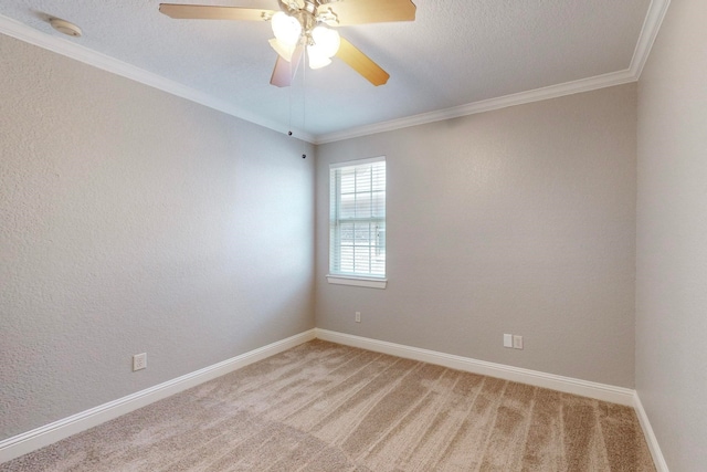 spare room with ornamental molding, carpet, and ceiling fan