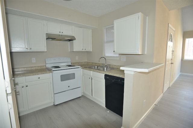 kitchen with white cabinets, sink, kitchen peninsula, dishwasher, and white range with electric stovetop