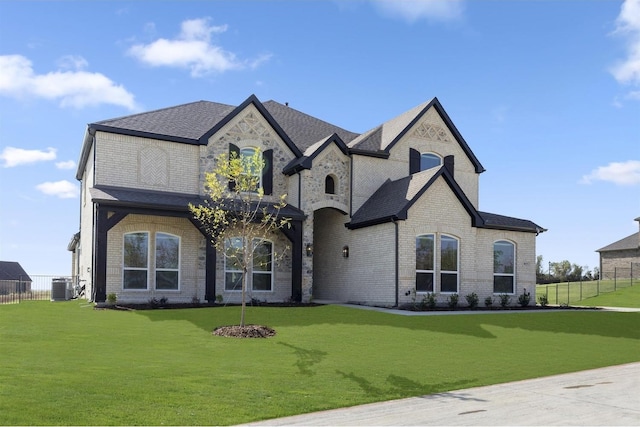 french country style house with central AC unit and a front lawn