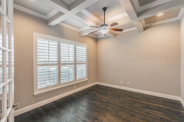 spare room with beamed ceiling, ceiling fan, coffered ceiling, and dark hardwood / wood-style flooring