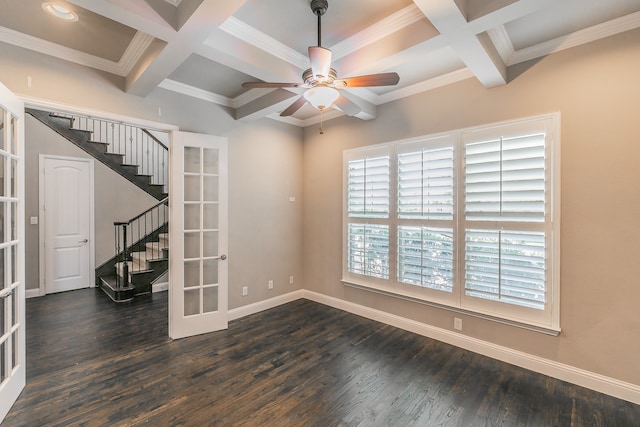 unfurnished room with ceiling fan, beamed ceiling, dark hardwood / wood-style floors, and coffered ceiling