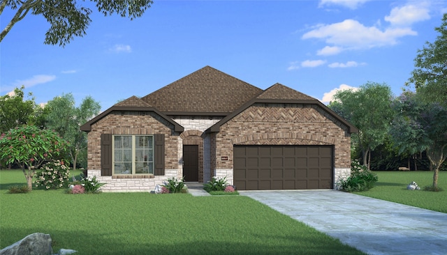 view of front of house with a front yard and a garage