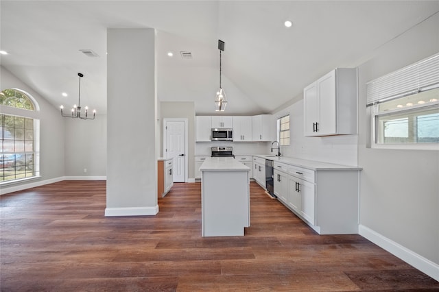 kitchen with white cabinets, sink, a kitchen island, dark wood-type flooring, and appliances with stainless steel finishes