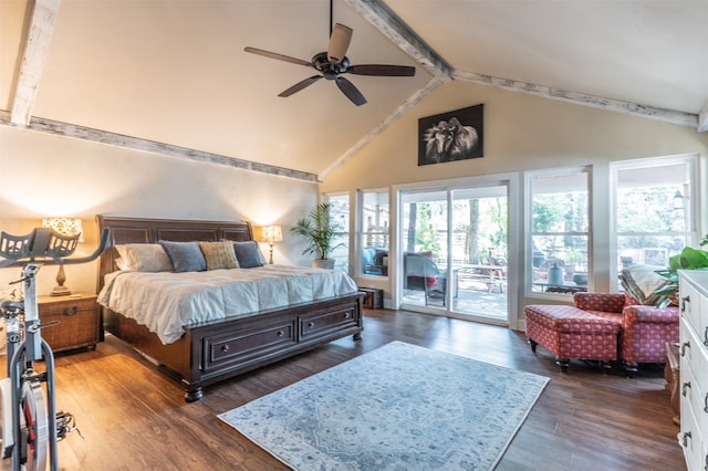 bedroom with access to outside, ceiling fan, dark hardwood / wood-style flooring, and beam ceiling