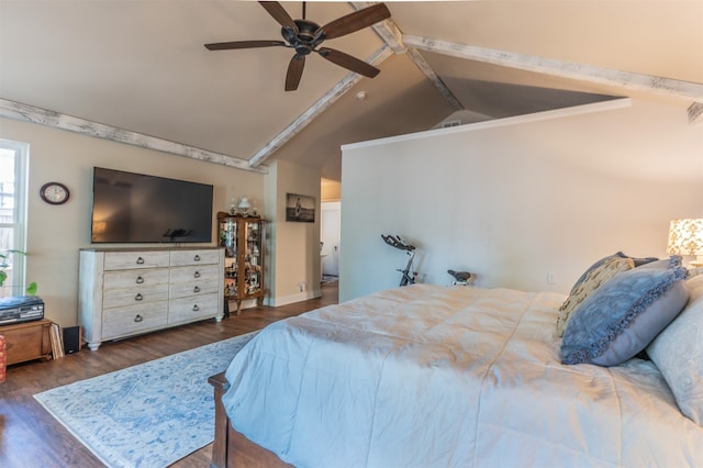 bedroom featuring lofted ceiling, ceiling fan, and dark wood-type flooring