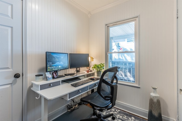 office area featuring crown molding