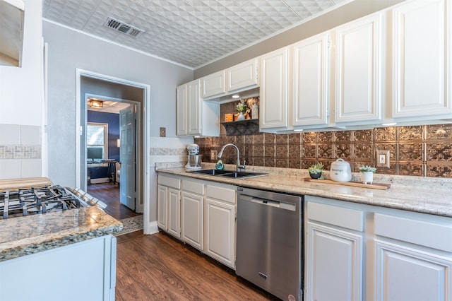 kitchen with stainless steel dishwasher, ornamental molding, sink, dark hardwood / wood-style floors, and white cabinetry