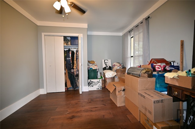 interior space featuring ceiling fan, a closet, and dark hardwood / wood-style floors