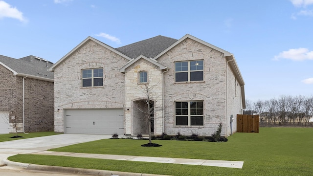 view of front of property featuring driveway, a front lawn, an attached garage, and brick siding