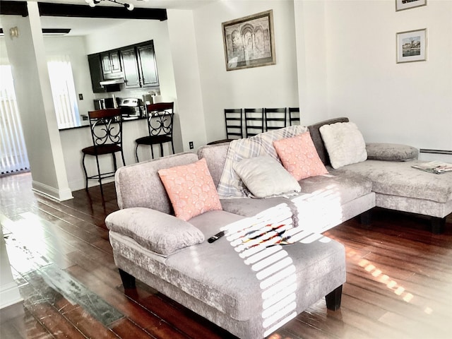 living room featuring dark wood-type flooring, a baseboard heating unit, and baseboards