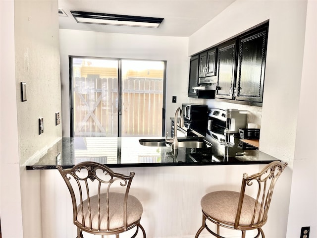 kitchen with a kitchen breakfast bar, a wealth of natural light, appliances with stainless steel finishes, and sink