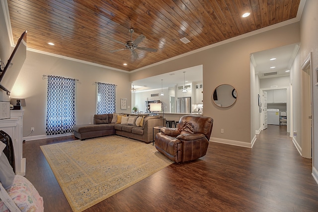 living room with wood ceiling, ceiling fan, dark wood-type flooring, and crown molding