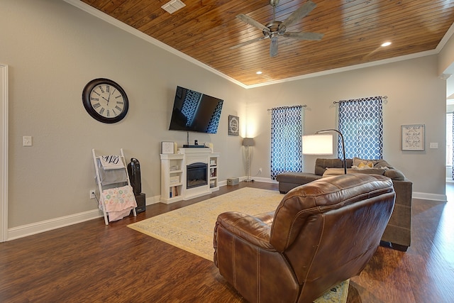 living room featuring ceiling fan, wooden ceiling, dark wood-type flooring, and crown molding