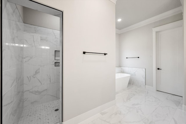 bathroom featuring plus walk in shower and ornamental molding